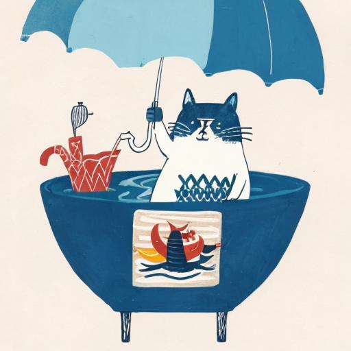 07910-4084590733-masterpiece, best quality,_style2,simple background,_a cat sitting on top of a fish bowl with a umbrella in it's mouth and cheer.png